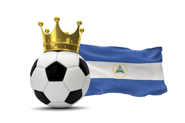 Bandeira da Nicarágua e bola de futebol com coroa de ouro 3D Rendering