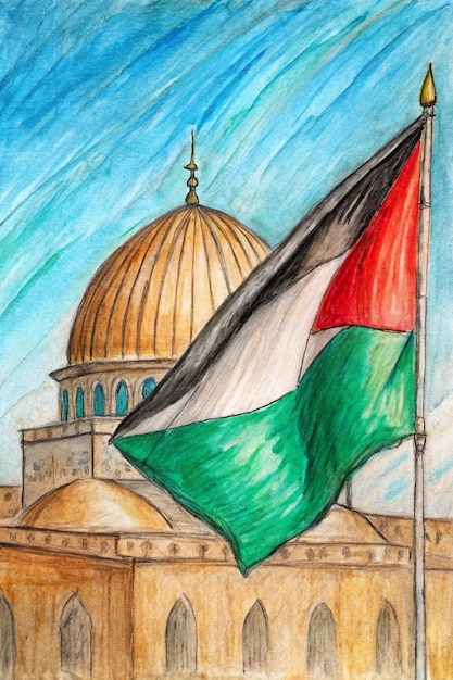 Bandeira da Palestina e Cúpula da Rocha Acuarela desenhada à mão