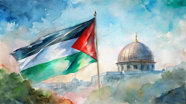 Foto bandeira da palestina e cúpula de rocha aquarela