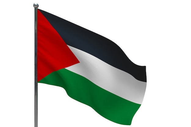 Bandeira da Palestina na pole. Mastro de metal. Ilustração 3D da bandeira nacional da Palestina em branco