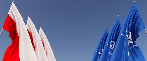 Bandeira da Polônia e da OTAN em mastros nas laterais em um fundo azul Lugar para ilustração 3d de texto