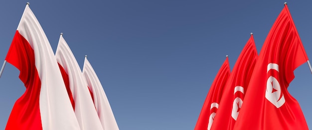 Bandeira da Polônia e da Tunísia em mastros nas laterais em um fundo azul Lugar para ilustração 3d de texto