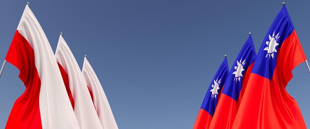 Bandeira da Polônia e Taiwan em mastros nas laterais em fundo azul Lugar para texto Seis bandeiras Polonesa Varsóvia Taipei 3d ilustração