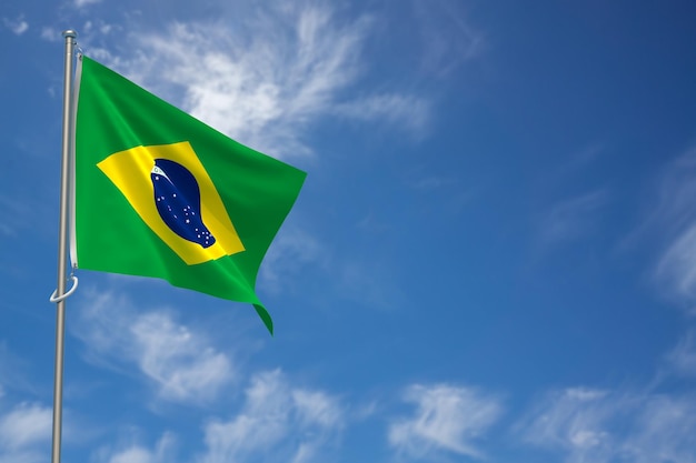 Foto bandeira da república federativa do brasil sobre ilustração 3d de fundo de céu azul