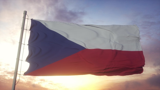 Bandeira da República Tcheca balançando ao vento contra um lindo céu profundo. Renderização 3D.