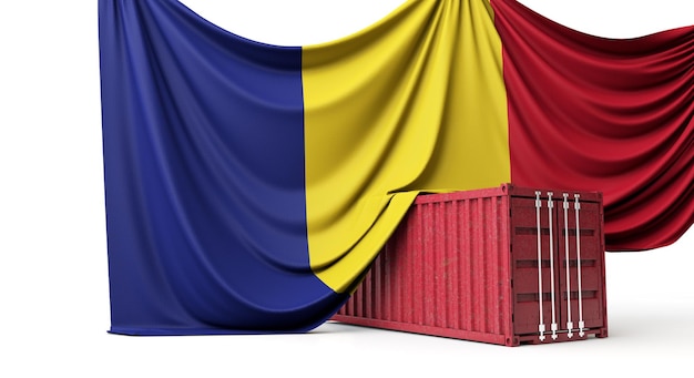 Bandeira da Romênia drapejada sobre uma renderização de contêiner comercial comercial d