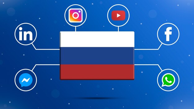 Bandeira da Rússia com logotipos de mídia social 3d