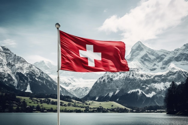 Bandeira da Suíça no mastro da bandeira e montanha alta no fundo