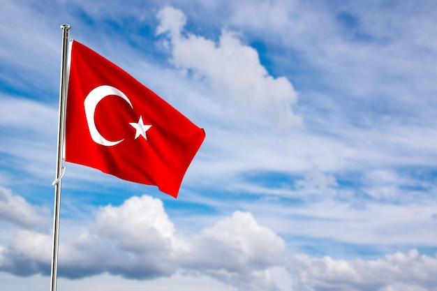 Foto bandeira da turquia acenando em uma renderização 3d de céu nublado azul de alta qualidade