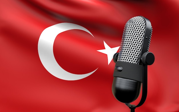 Foto bandeira da turquia com imagem de renderização 3d de microfone