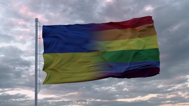 Bandeira da Ucrânia e fundo da bandeira do arco-íris LGBT