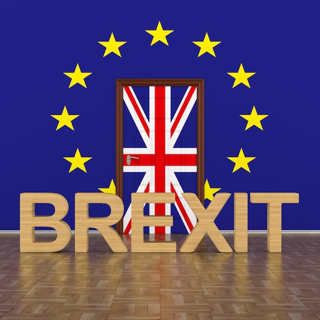 Bandeira da UE e da Grã-Bretanha na parede e na porta. Imagem 3D.