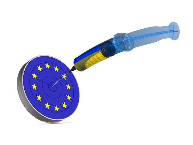 Bandeira da UE e da Ucrânia na superfície branca. Ilustração 3D isolada.