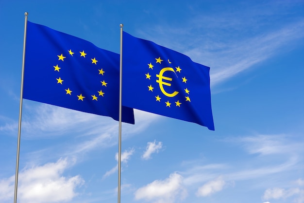 Bandeira da União da Europa com o símbolo do Euro. Renderização 3D
