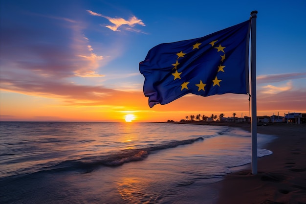 Bandeira da União Europeia a voar na luz radiante do pôr-do-sol símbolo de unidade e paz na Europa