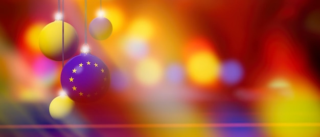 Bandeira da União Europeia na bola de Natal com fundo desfocado e abstrato