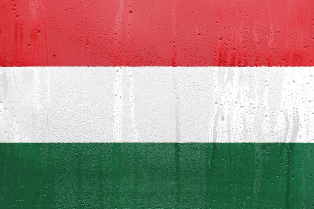 Bandeira das cores oficiais da Hungria e proporção correta Bandeira nacional da Hungria na textura da condensação de gotas de águaxA