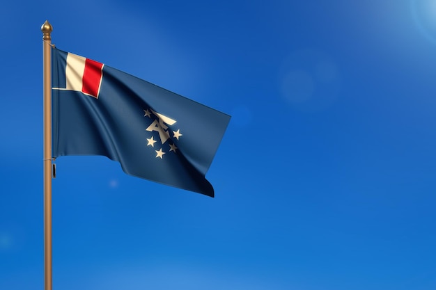 Foto bandeira das terras austrais e antárticas da frança soprada pelo vento com céu azul ao fundo