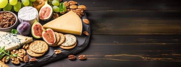 Bandeira de alimentos com cartaz de charcuterie vegana variedade de queijos figos azeitonas nozes e bolachas de grãos