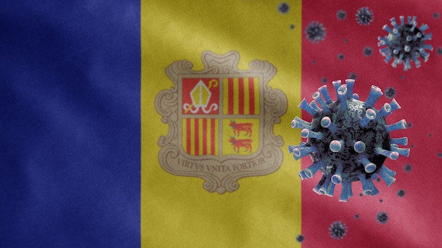 Bandeira de Andorra acenando com o vírus do microscópio coronavírus