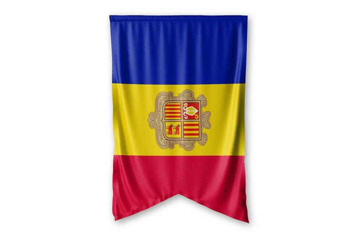 Foto bandeira de andorra pendurada em uma imagem de fundo de parede branca