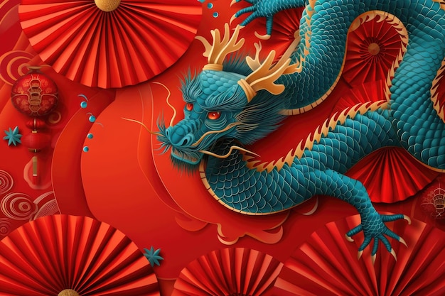 Bandeira de Ano Novo Chinês Arte Abstracta com Dragão Oriental e Ventiladores de Papel