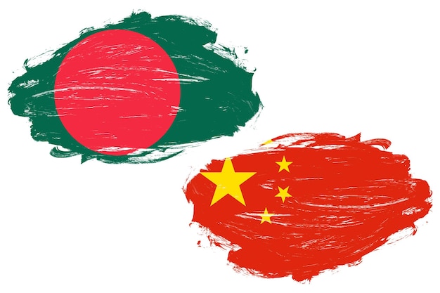 Bandeira de Bangladesh e china juntos em um fundo de pincel de traço branco