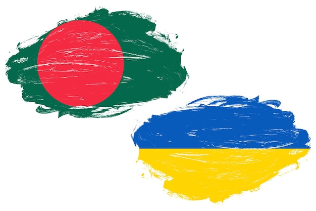 Bandeira de Bangladesh e ucrânia juntos em um fundo de pincel de traço branco
