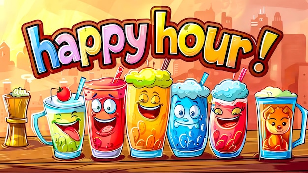 Bandeira de bebidas de desenho animado da Happy Hour