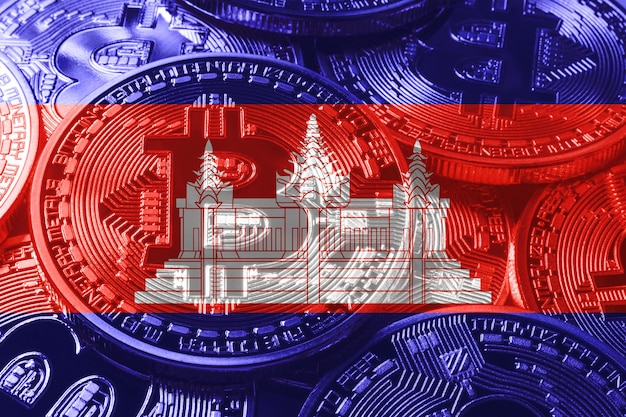 Bandeira de bitcoin do Camboja, fundo preto de conceito de criptomoeda bandeira nacional