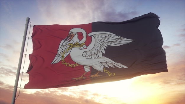 Bandeira de buckinghamshire, inglaterra, balançando ao vento, o céu e o sol de fundo. renderização 3d.