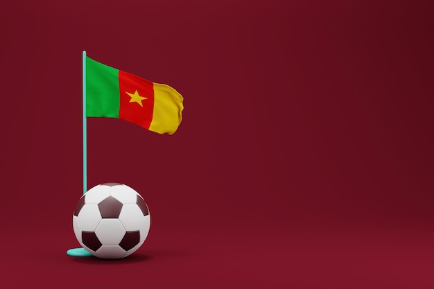 Bandeira de camarões com ilustração de renderização 3d mínima de futebol mundial de bola 2022