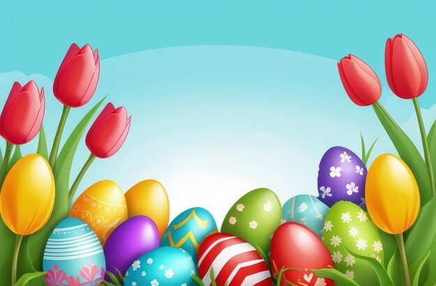 Bandeira de celebração de férias com lindos ovos decorados de Páscoa e flores de primavera em um prado verde de primavera Flores na paisagem Feliz cartão de saudação de Páscua bandeira de fundo festivo Espaço de cópia