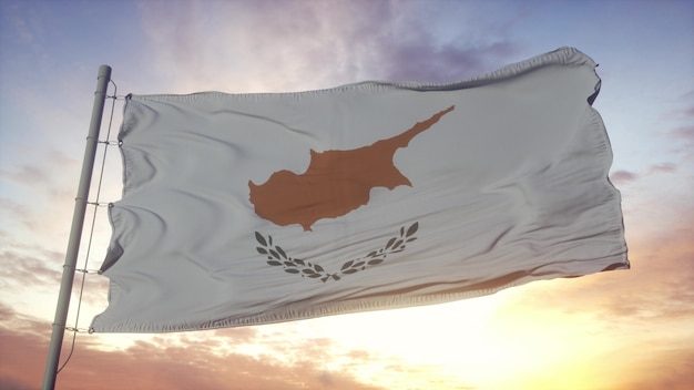 Bandeira de chipre balançando ao vento, o céu e o sol de fundo. renderização 3d.