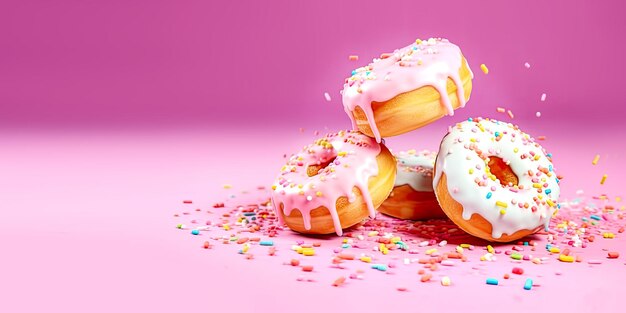 Bandeira de comida doce com mistura de donuts com salpicaduras em fundo rosa Bolos frescos doces