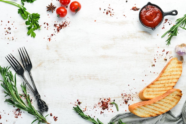 Bandeira de comida. legumes e especiarias. vista do topo. espaço de cópia grátis.