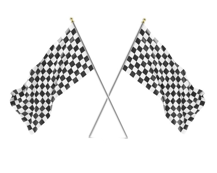 Foto bandeira de corrida preto e branco isolada em um branco com sombras.