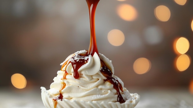 Bandeira de creme batido em cascata de molho de caramelo para confeitaria