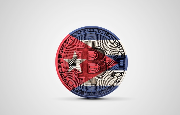 Bandeira de Cuba em uma renderização de moeda de criptomoeda bitcoin d