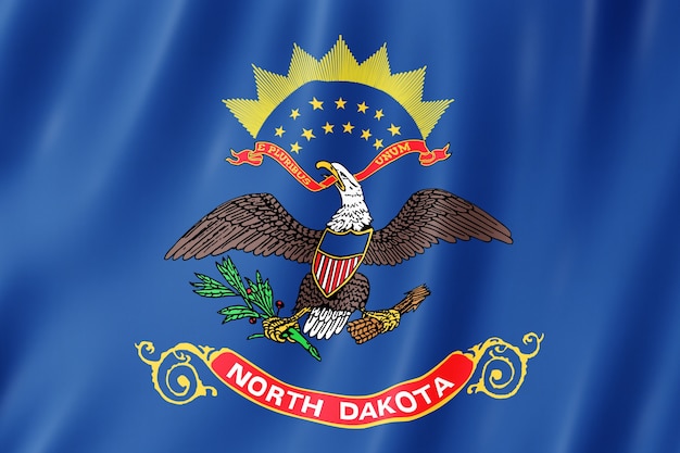 Bandeira de Dakota do Norte, EUA. Ilustração 3D da bandeira de Dakota do Norte acenando.