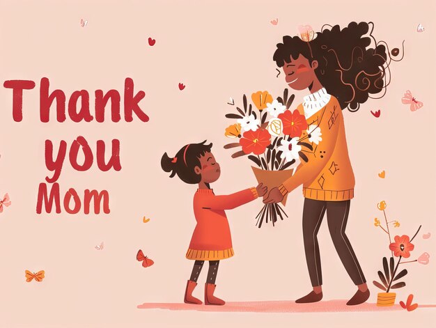 Bandeira de Dia da Mãe de uma criança está dando flores para a mãe com o texto "Obrigado, mãe"