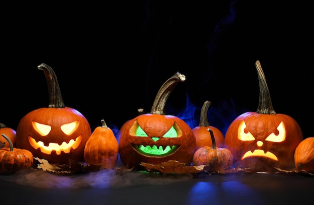 Bandeira de Feliz Halloween ou fundo de convite de festa com nuvens, morcegos e abóboras