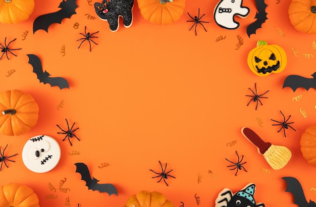 Bandeira de Feliz Halloween ou fundo de convite de festa com nuvens, morcegos e abóboras