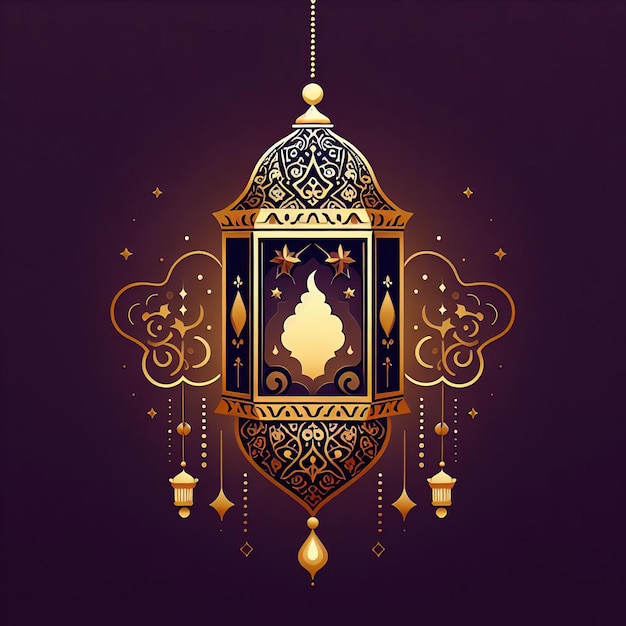 Bandeira de férias islâmicas em design monótono roxo Display pódio com lanterna de metal de Ramadan lua