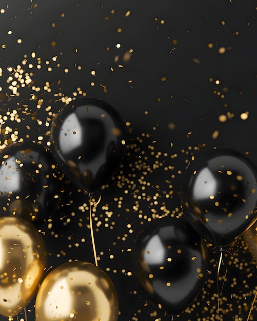 Foto bandeira de festa com desenho de fundo de balões pretos e dourados