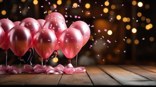 Bandeira de festa rosa no chão de madeira com balões de confete de holofotes
