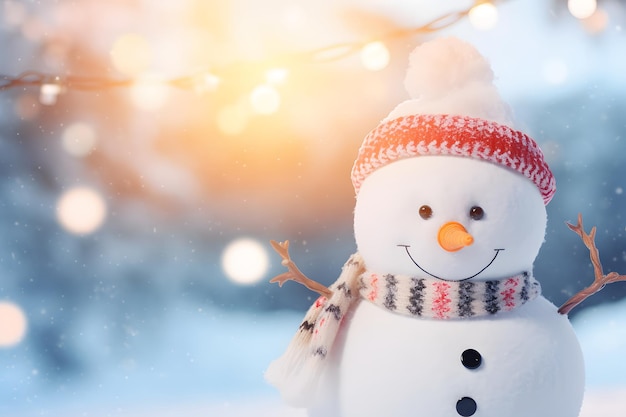 Bandeira de fundo de Natal de férias de inverno Close-up de bonito homem de neve engraçado rindo com chapéu de lã