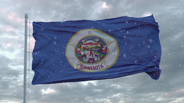 Bandeira de inverno de Minnesota com fundo de flocos de neve renderização em 3d dos Estados Unidos da América