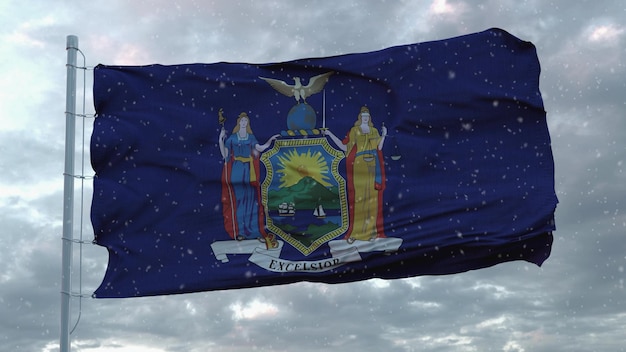 Bandeira de inverno de Nova York com fundo de flocos de neve ilustração 3d dos Estados Unidos da América