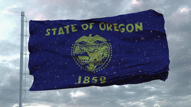 Bandeira de inverno de Oregon com fundo de flocos de neve ilustração 3d dos Estados Unidos da América